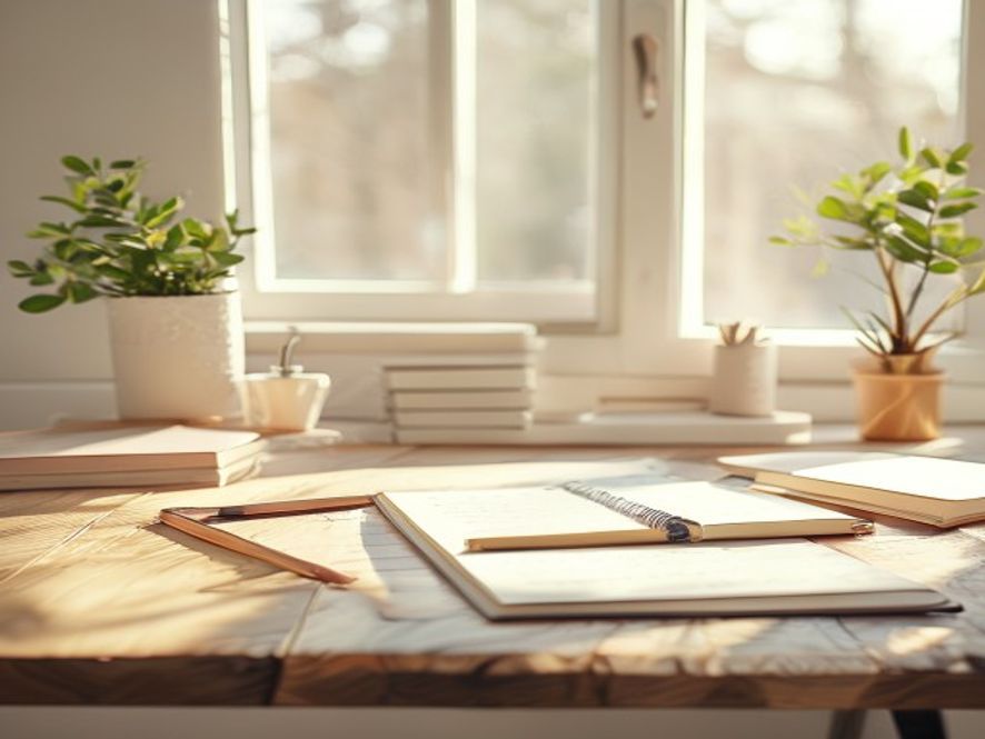 Bright workspace with notebook and planning materials for habit tracking